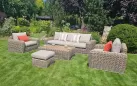 Komplet ogrodowy wypoczynkowy z technorattanu okrągłego z dużą sofą woma fotelami i stolikiem torres