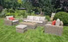 Komplet ogrodowy wypoczynkowy z technorattanu okrągłego z dużą sofą woma fotelami i stolikiem torres