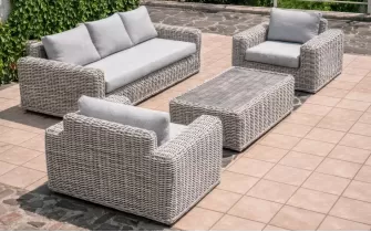 Komplet ogrodowy wypoczynkowy z technorattanu okrągłego z dużą sofą woma fotelami i stolikiem torres