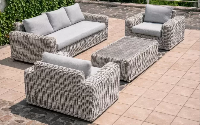 Komplet ogrodowy wypoczynkowy z technorattanu okrągłego z dużą sofą woma fotelami i stolikiem torres