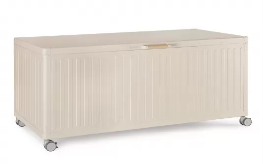 Beżowa skrzynia ogrodowa aluminiowa na poduszki z kółkami trevor