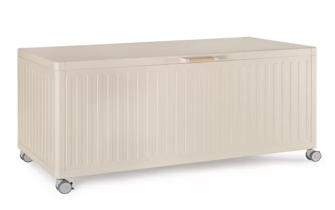 Beżowa skrzynia ogrodowa aluminiowa na poduszki z kółkami trevor