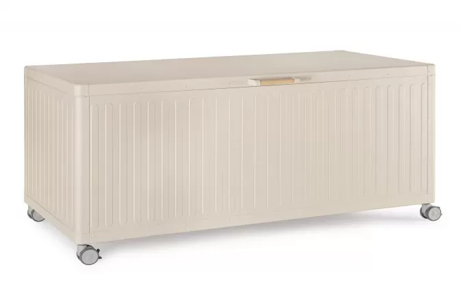 Beżowa skrzynia ogrodowa aluminiowa na poduszki z kółkami trevor