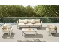 Zestaw wypoczynkowy aluminiowy z szeroką sofą 3-osobową szarobeżowy elementy teak pardee Higold