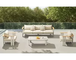 Zestaw wypoczynkowy aluminiowy z szeroką sofą 3-osobową szarobeżowy elementy teak pardee Higold