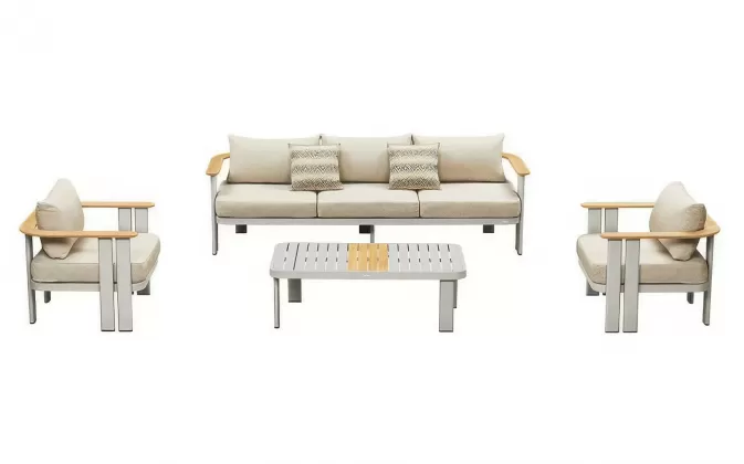 Zestaw wypoczynkowy aluminiowy z szeroką sofą 3-osobową szarobeżowy elementy teak pardee Higold