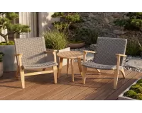 Komplet balkonowy wypoczynkowy z złożony z 2 foteli z drewna teak i okrągłego stolika SIESTA 