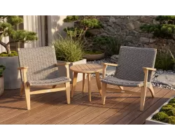 Komplet balkonowy wypoczynkowy z złożony z 2 foteli z drewna teak i okrągłego stolika SIESTA 