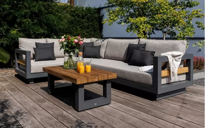 Nowoczesny aluminiowy grafitowy narożnik ogrodowy z elementami drewna teak himalaja life