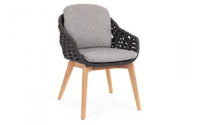 Grafitowe krzesło obiadowe TAMIRES drewno teak i lina polipropylenowa