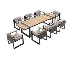 Duży ośmioosobowy zestaw luksusowy stołowy grafitowy aluminium teak cam busa higold