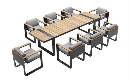 Duży ośmioosobowy zestaw luksusowy stołowy grafitowy aluminium teak cam busa higold Duży ośmioosobowy zestaw luksusowy stołowy grafitowy aluminium teak cam busa higold