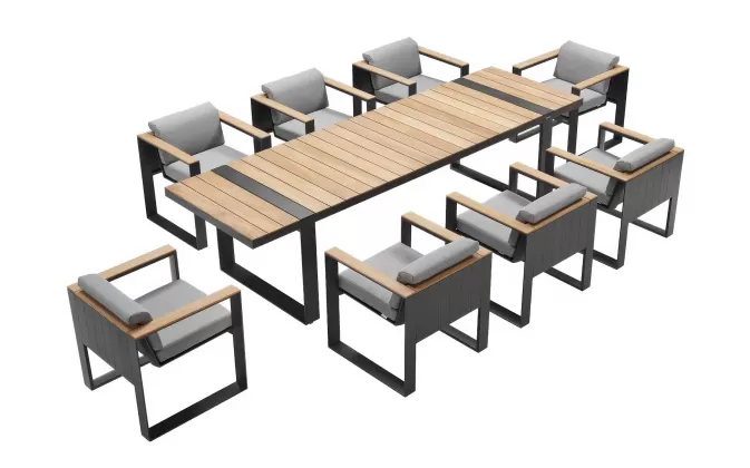 Duży ośmioosobowy zestaw luksusowy stołowy grafitowy aluminium teak cam busa higold
