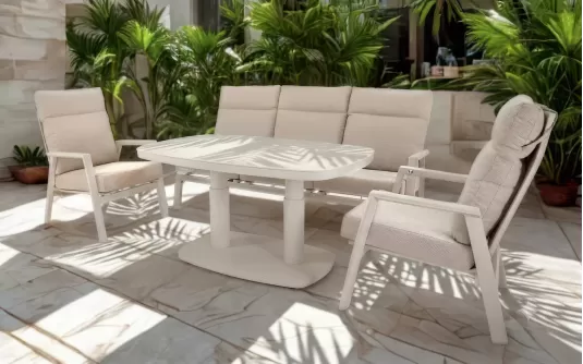 Komplet wypoczynkowy z pochylanymi oparciami aluminiowy jasnobeżowy ze stolikiem ceramicznym podnoszonym OHIO