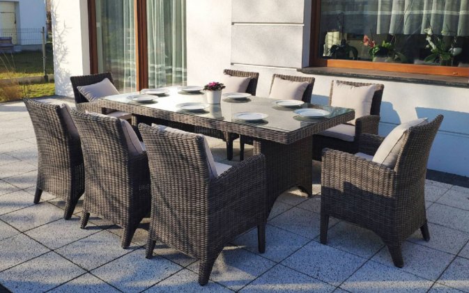 komplet stołowy na taras stół 200 cm i 6 foteli brązowy