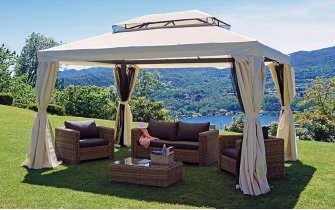 Ekskluzywny pawilon ogrodowy aluminiowy 3x4 m VISTOSA ciemnoszara konstrukcja bezowo-kremowe poszycie 