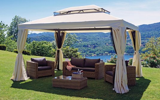 Ekskluzywny pawilon ogrodowy aluminiowy 3x4 m VISTOSA ciemnoszara konstrukcja bezowo-kremowe poszycie 