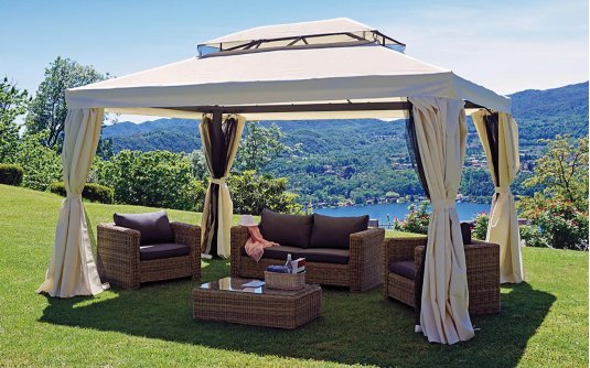 Ekskluzywny pawilon ogrodowy aluminiowy 3x4 m VISTOSA ciemnoszara konstrukcja bezowo-kremowe poszycie Ekskluzywny pawilon ogrodowy aluminiowy 3x4 m VISTOSA ciemnoszara konstrukcja bezowo-kremowe poszycie