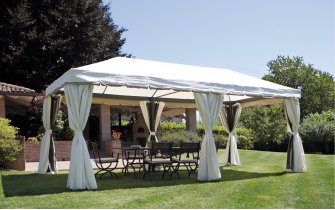 BARROSO Ekskluzywny pawilon ogrodowy 3×6 m – aluminiowy, ecru, z tkaniną poliestrową i zasłonami