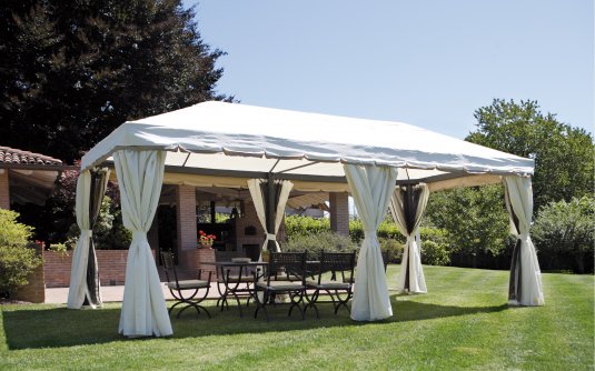 BARROSO Ekskluzywny pawilon ogrodowy 3×6 m – aluminiowy, ecru, z tkaniną poliestrową i zasłonami