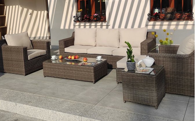 Meble ogrodowe wypoczynkowe z technorattanu z dużą sofą LARGHI brązowe