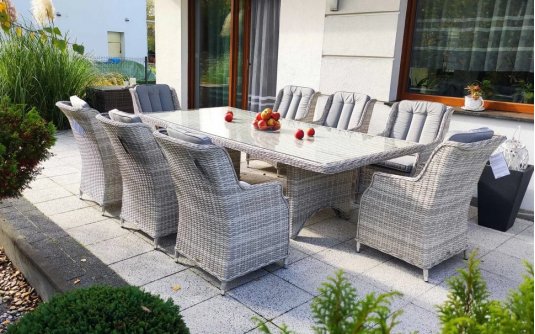 Zestaw mebli stołowych SANTELIA technorattan JASNOSZARY szeroki stół